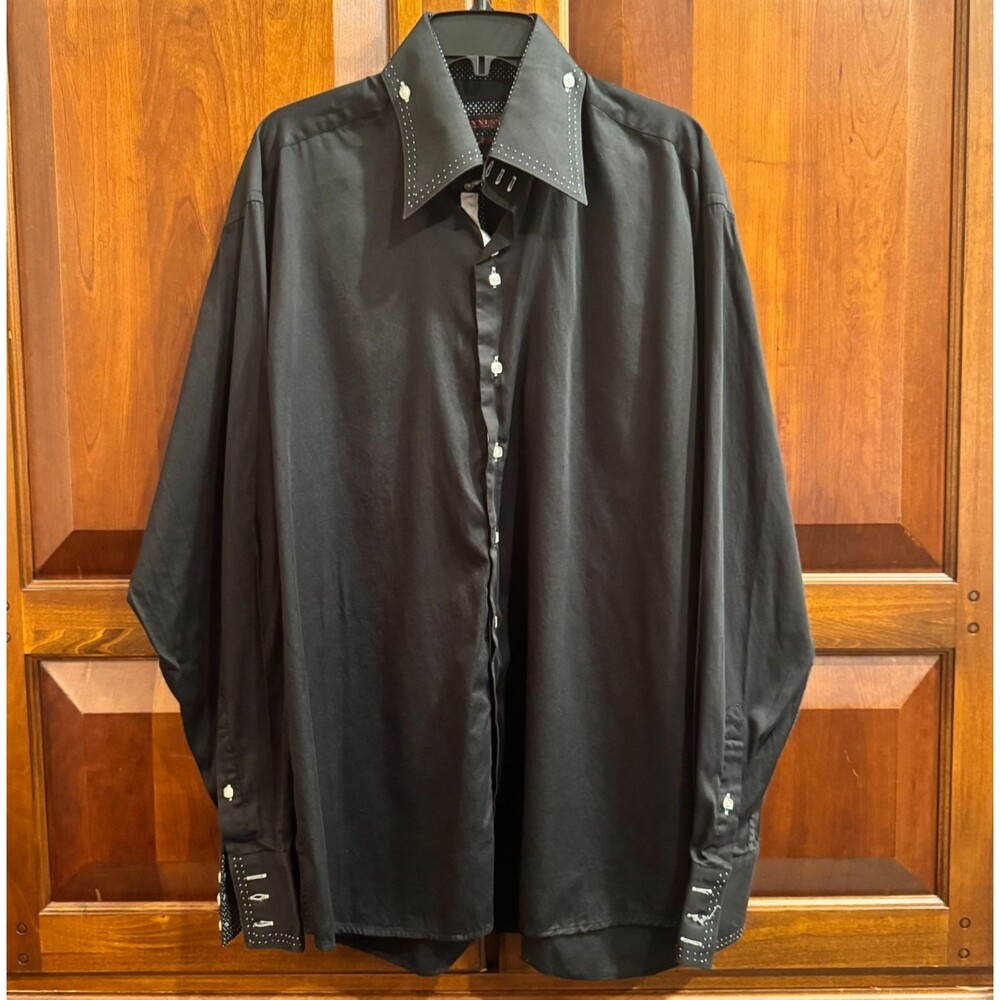 AXXESS Pure Cotton Black Shirt Polka Dot Accent Collar Cuffs Made in Turkey XL